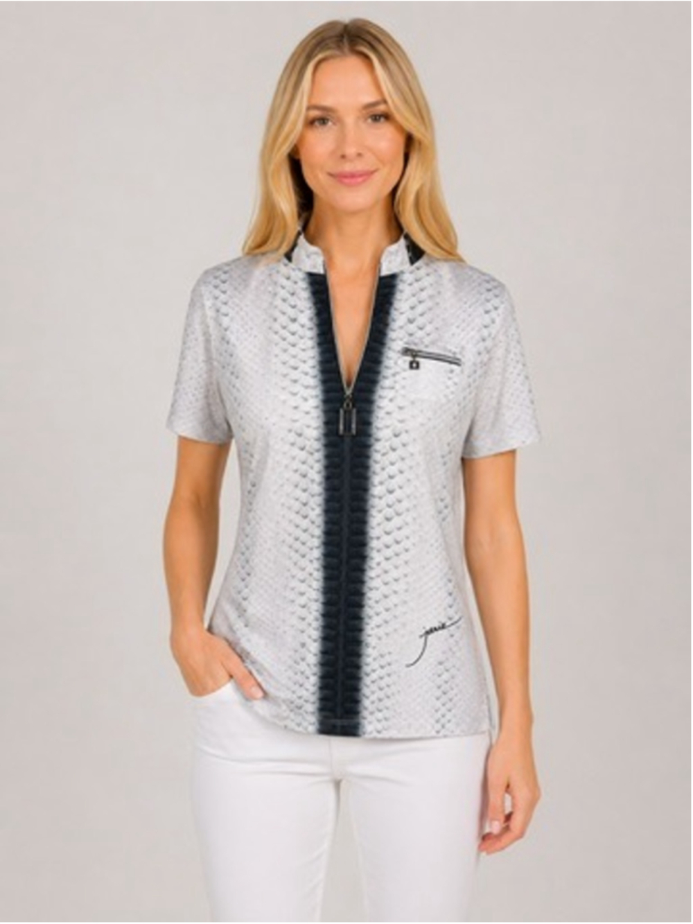 Jamie Sadock White Black Habu Snake Print Golf Polo Short Sleeve Zipper Top Sz L